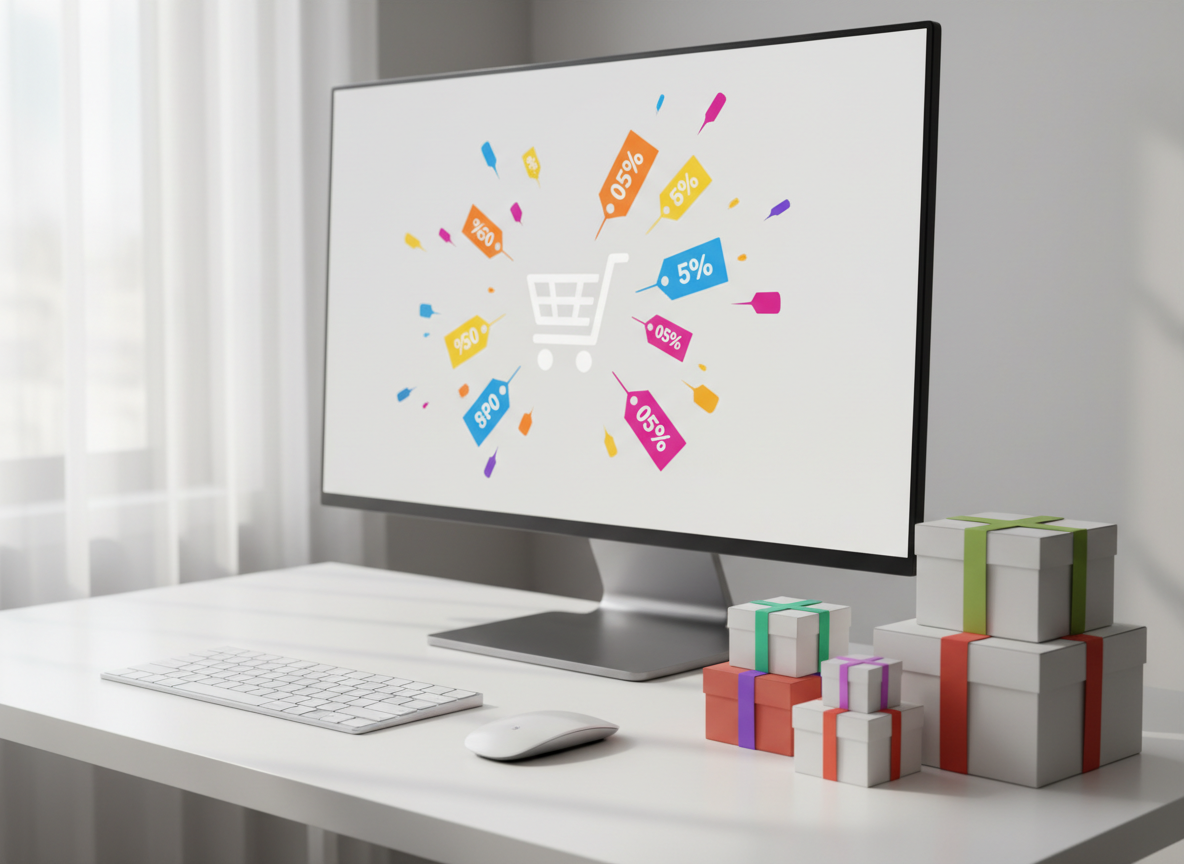 A photorealistic scene of an online checkout moment frozen in time: a slim keyboard and mouse on a bright, white desk, with a large monitor displaying colorful, abstract coupon tags and percentage shapes popping around a simplified shopping cart icon, all without legible text. Nearby are neatly stacked product boxes in different sizes, from electronics to fashion accessories, each wrapped with vivid bands of color suggesting exclusive deals. Soft, diffused daylight streams in from a window to the left, creating gentle reflections and subtle shadows that keep the mood energetic yet clean. Shot from a slightly elevated three-quarter angle with sharp focus, the composition feels spacious and modern, emphasizing the thrill of applying promo codes at checkout.