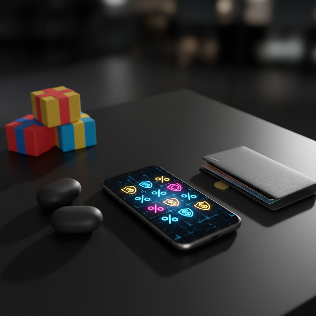 A close-up, photographic shot of a smartphone lying on a reflective black glass table, its illuminated screen displaying an abstract grid of glowing discount symbols and badge shapes instead of readable text. Surrounding the phone are small, unopened cardboard parcels with bold colored tapes, sleek wireless earbuds cases, and a minimalist wallet slightly open to reveal metallic card edges, hinting at recent savings. Dramatic side lighting from the right casts long, crisp shadows and creates bright highlights on the glass surface, producing a confident, high-contrast atmosphere. Captured at a slightly low angle with shallow depth of field, the phone is razor sharp while the background fades into a smooth, dark bokeh, reinforcing a bold, modern, tech-savvy style.
