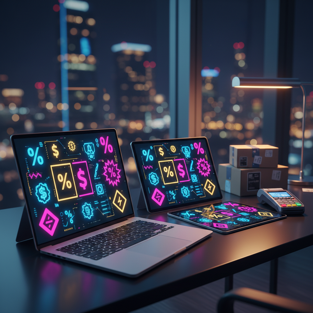 A night-time, urban-inspired photographic scene of a minimalist workspace by a large window, where the city lights outside blur into vibrant bokeh. On the sleek black desk sits an ultra-thin laptop and a tablet side by side, both screens filled with luminous, abstract promo code symbols and discount badges instead of readable text. Next to them, compact parcels with metallic stickers and a digital payment terminal suggest recent online purchases scored with deals. Cool blue and magenta ambient light from the city mixes with a single warm desk lamp, creating dramatic contrast and reflective highlights on metal and glass surfaces. Captured from a low, cinematic angle, the image feels bold, high-tech, and energetic, embodying the thrill of late-night deal hunting.