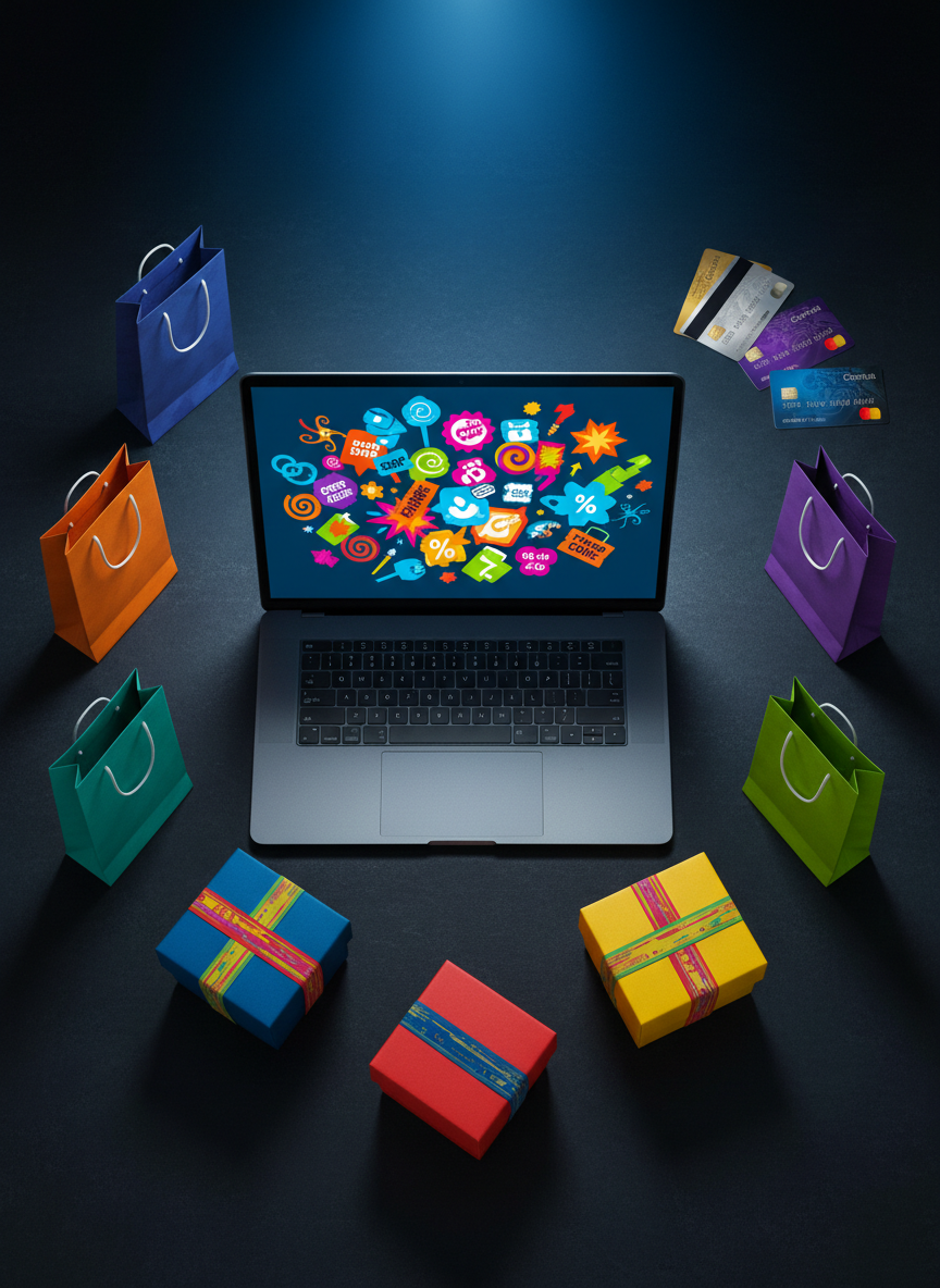 A bold, overhead photographic view of a sleek laptop on a dark, matte desk, its screen filled with colorful icons symbolizing promo codes, digital coupons, and percentage-off badges without any readable text. Around the laptop lie neatly arranged shopping bags, sealed shipping boxes, and credit cards, all in vibrant, contrasting colors suggesting online purchases and savings. A focused beam of cool studio lighting from above creates crisp highlights and sharp shadows, emphasizing strong geometry and a dynamic, high-energy mood. Shot with sharp focus throughout and a clean, modern aesthetic, the composition uses the rule of thirds to keep the laptop central while the shopping elements radiate outward, conveying the excitement of claiming deals online.