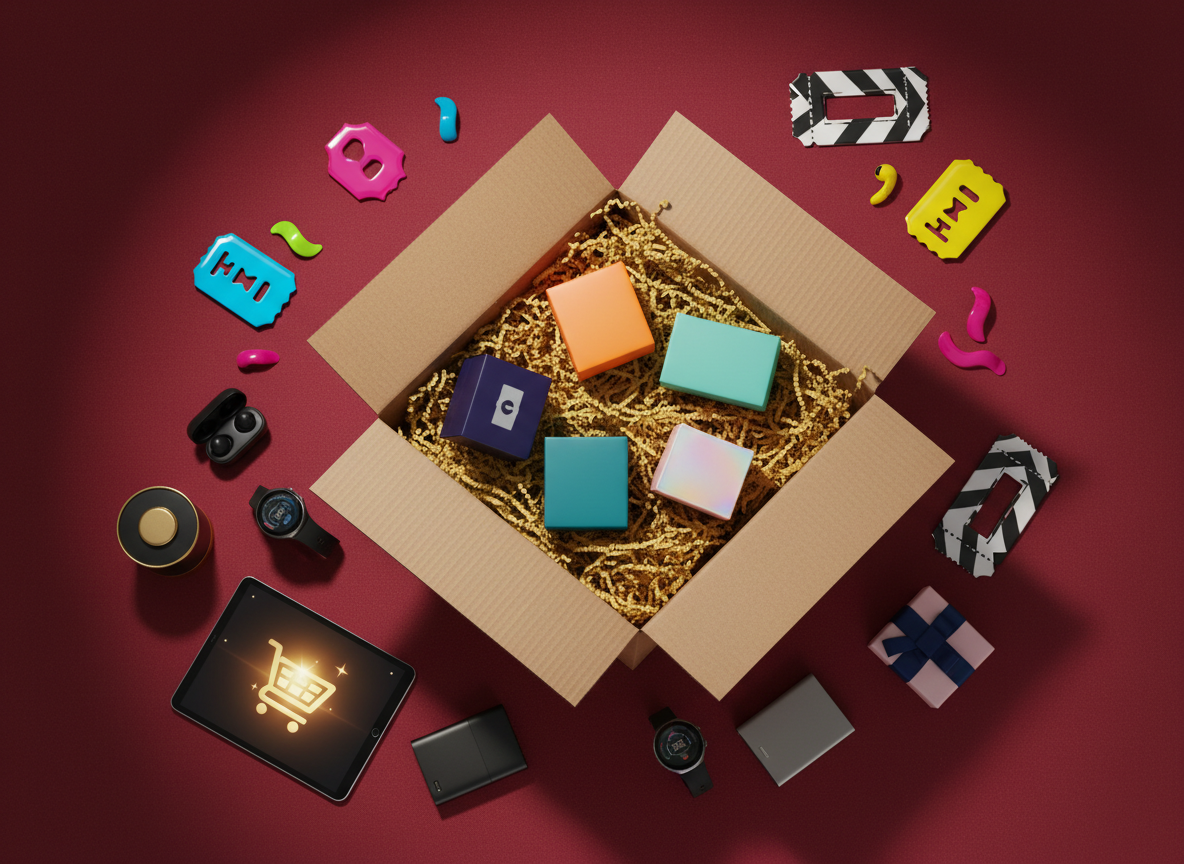 A dramatic, photographic flat lay of an unboxing experience on a bold, saturated background, featuring a large open shipping box filled with crinkled paper and several smaller, half-revealed product boxes inside. Tucked among them are glossy, colorful discount badge shapes and abstract ticket stubs that suggest promo codes without text. Around the main box lie neatly placed gadgets, stylish packaging, and a digital tablet showing a glowing shopping cart icon. Strong top-down studio lighting enhances textures of cardboard, paper, and glossy plastics, casting defined, graphic shadows that add intensity. The composition is tightly framed with asymmetrical balance, conveying a sense of discovery, excitement, and big savings unlocked through hidden codes.